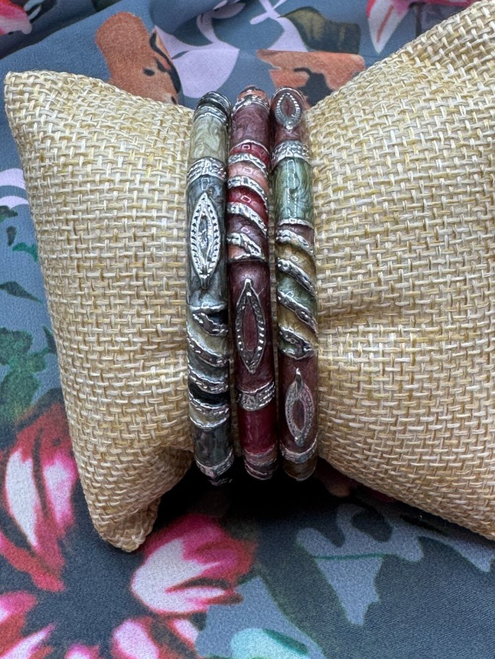 Boho Enamel Bangle Bracelets Lot of 3 Silver Tone Stackable